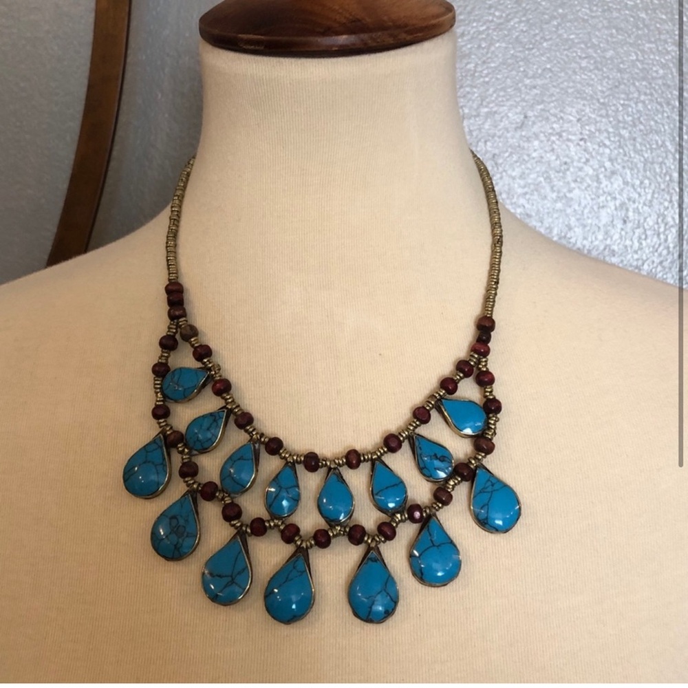 Vintage Double Layer Faux Turquoise Bib Tribal Boho Coastal Statement Necklace